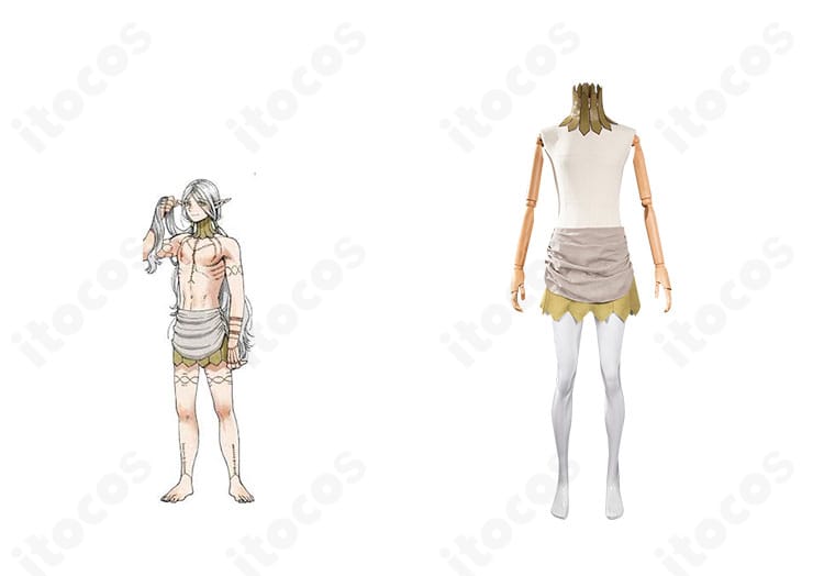 ダンジョン飯 リシオンのコスプレ衣装。正面全身とキャラクター比較で再現度と高品質ディテールを示す画像