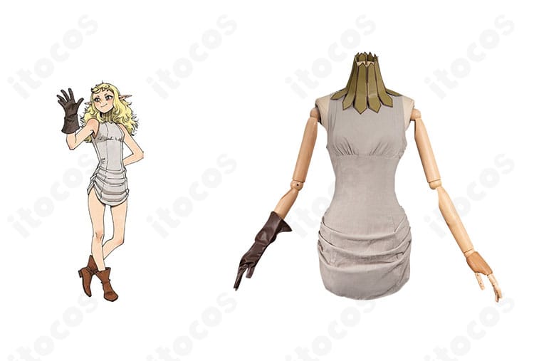 ダンジョン飯 フレキのコスプレ衣装。正面全身とキャラクター比較で高再現のワンピースと装飾を示す画像