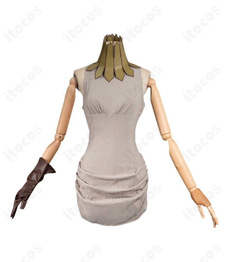 ダンジョン飯 フレキ コスプレ衣装の正面ビュー。ワンピースのシルエットとエルフ耳のセットが分かる構図