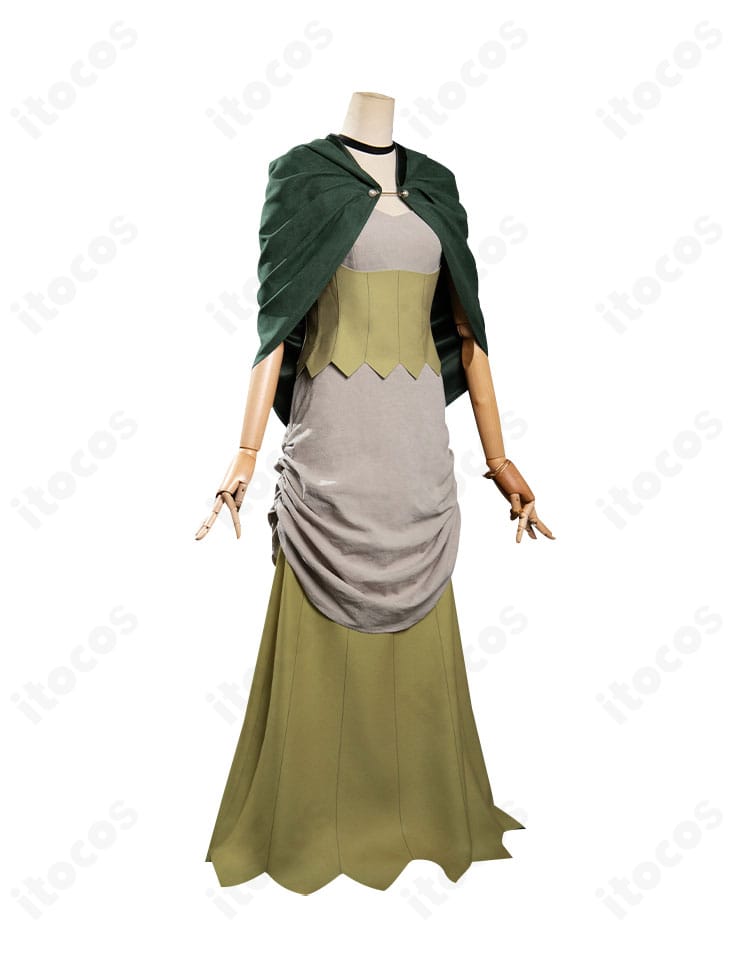 シスヒス衣装の右側面。コルセットベルトのラインとマントの落ち感、アクセの配置が分かるディテール