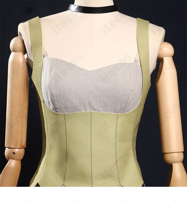 シスヒス衣装の上衣装飾ディテール。胸元の装飾とコルセットの質感・ステッチをクローズアップ