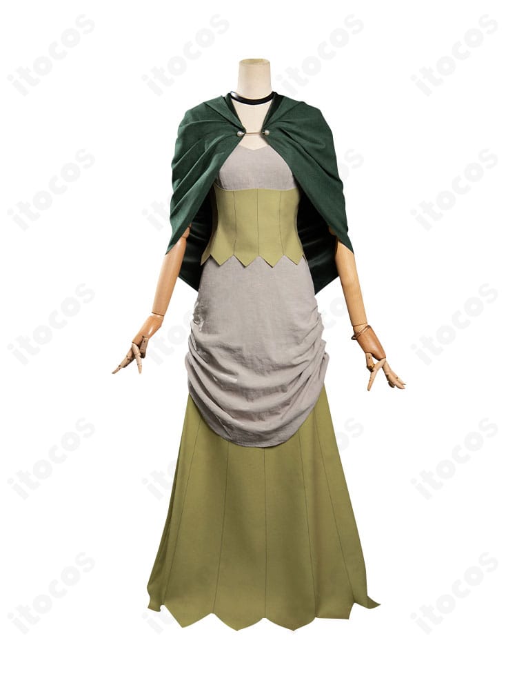 シスヒスのコスプレ衣装を正面から撮影。ワンピースとハーフスカートのレイヤードと装飾の全体バランス