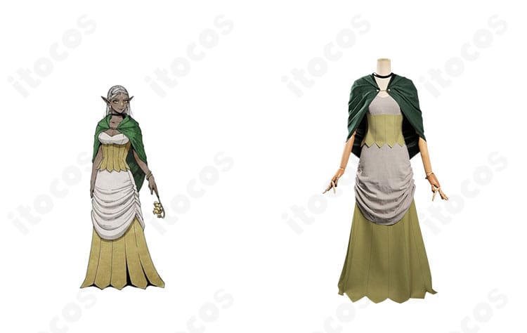 シスヒスのキャラクターと衣装正面を並べた画像。高精度再現のマントとコルセットが映えるダンジョン飯コスプレ一式