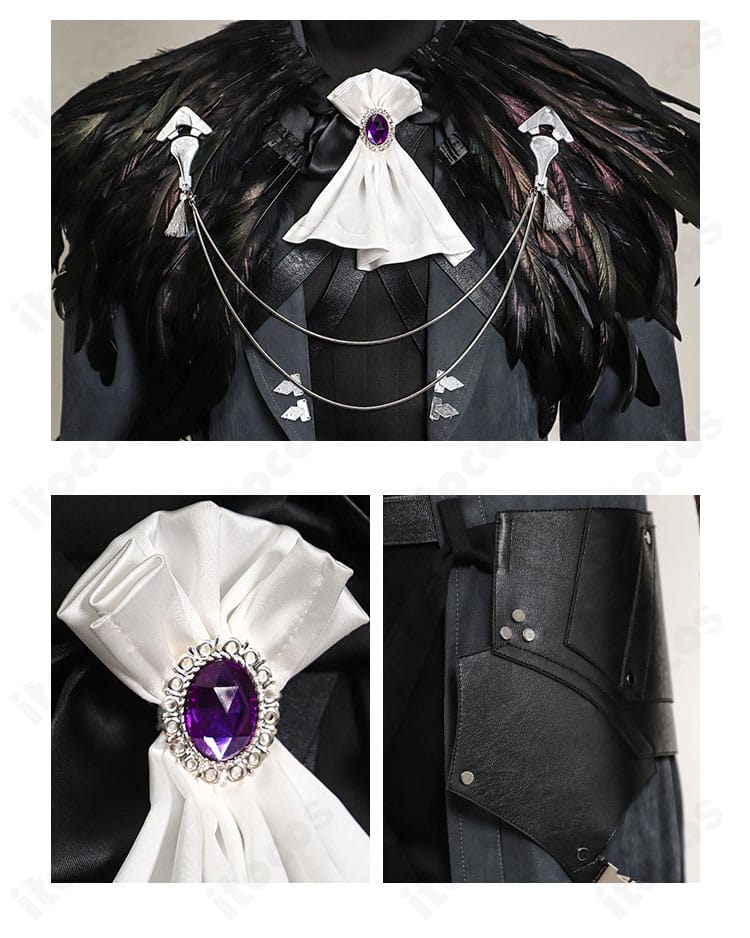 襟元・ネクタイ・ウエスト装飾のアップ。セフィロス衣装の要点ディテールを精密に再現。