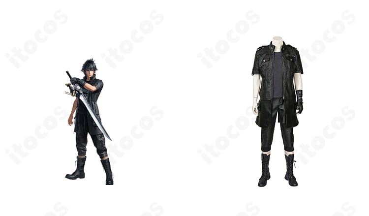 ファイナルファンタジーXV ノクティス衣装の正面とキャラクター比較。黒コートと手袋の質感を再現