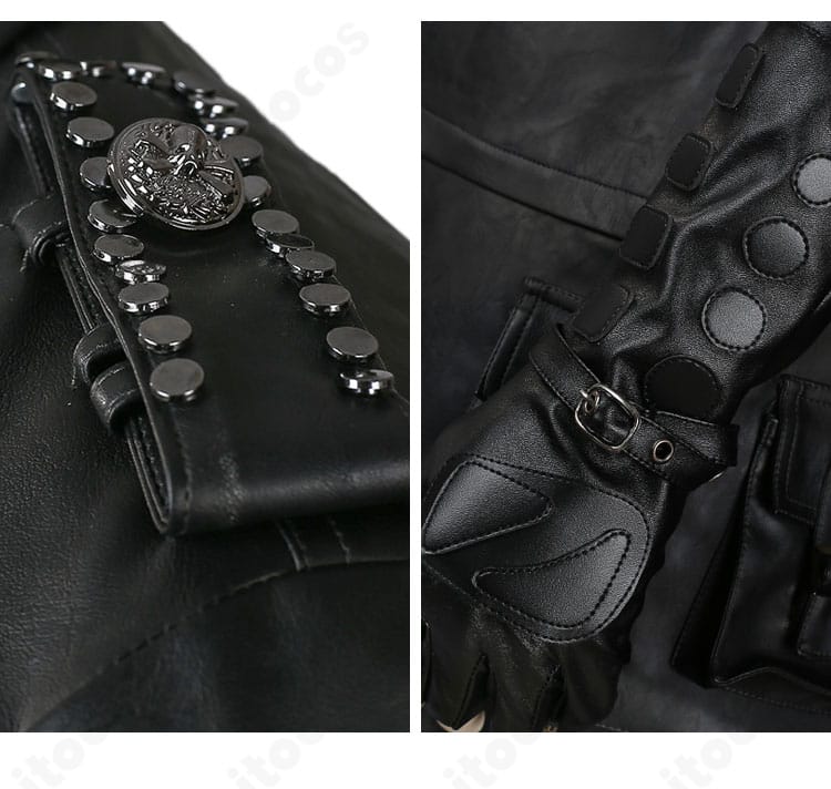 ノクティス衣装の肩部と手袋装飾のクローズアップ。ステッチと装飾パーツの質感