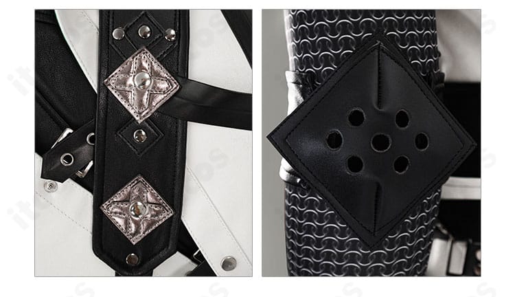 肩ストラップと肘当ての細部。仕上げの端処理とフィット感が分かるクラウド・ストライフ衣装