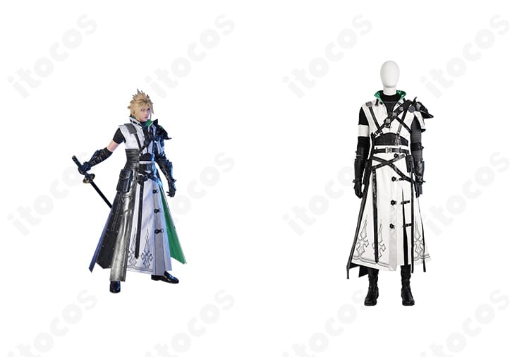 商品正面とクラウド・ストライフのコスプレ衣装一式を並べた比較画像。全体のシルエットと質感が分かる構図