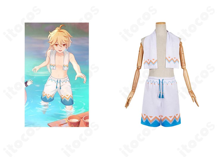 商品正面と空の温泉衣装コスプレの組み合わせ画像。ショートパンツとマフラーで高い再現度を表現。