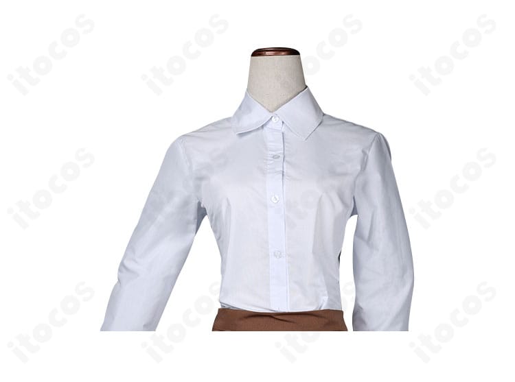 リコ セキエイ学園制服コスプレ用シャツの正面ディテール｜襟と前立ての仕上がり