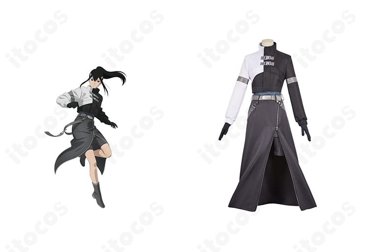 商品正面と亜白ミナの第3部隊 隊長制服コスプレを着用したイメージ。コートと装飾の全体バランスが分かる正面写真