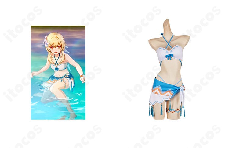 原神 蛍のナタ魔神任務 温泉水着コスプレ衣装・正面全身、落ち着いた配色と腰布が特徴