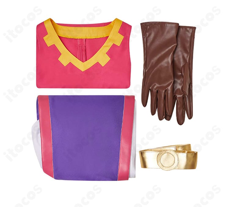 ゼルダの伝説 ゼルダ姫 コスプレ衣装 セット内容の一覧。ズボン、トップス、ベルト、手袋の4点フルセット。