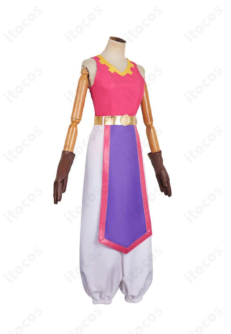 ゼルダの伝説 ゼルダ姫 コスプレ衣装 右側面。袖とサイドシームのライン、腰回りのシルエットと可動域を示す角度。