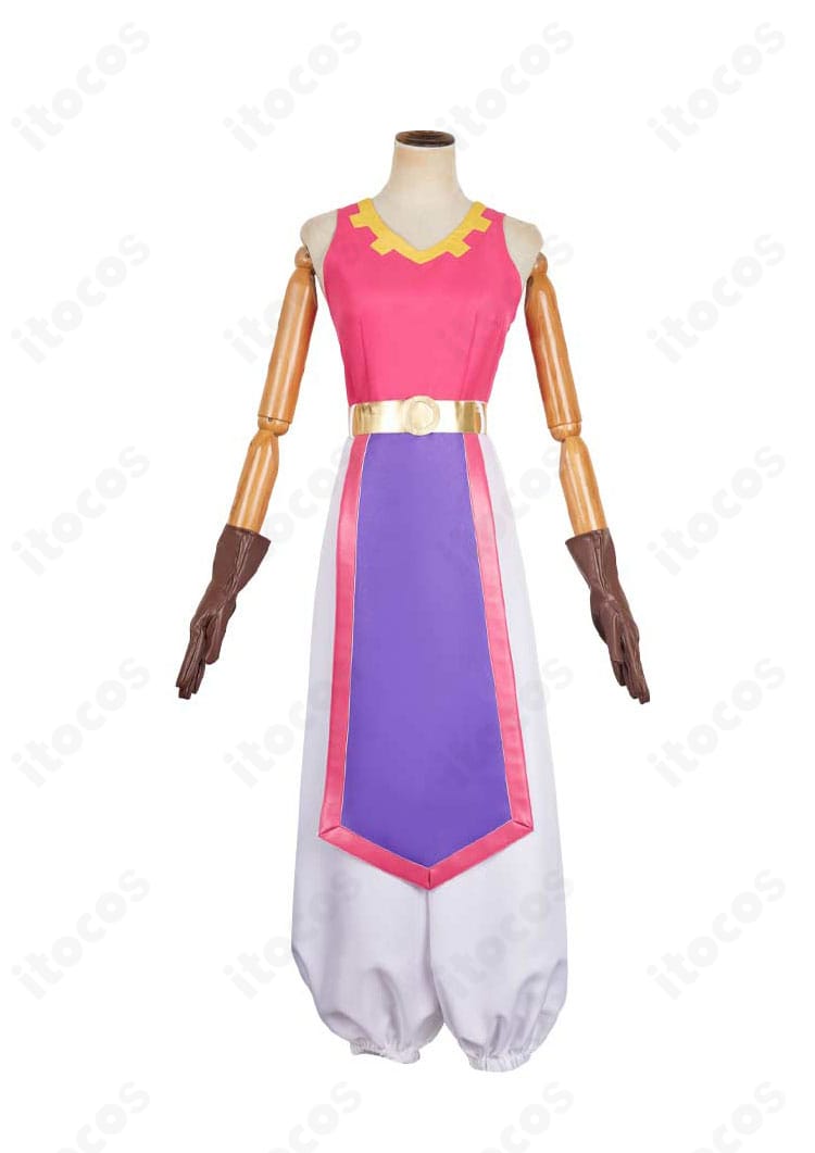 ゼルダの伝説 ゼルダ姫 コスプレ衣装 正面図。トップスとズボンの配色、襟元の刺繍、ベルト位置まで再現したフルコーデの全体像。