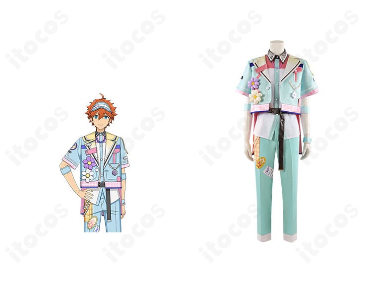 あんさんぶるスターズ！！ ハッピーチャーム衣装の正面とキャラクター比較。明星スバル・春川宙・漣ジュンの配色と装飾を対比した画像