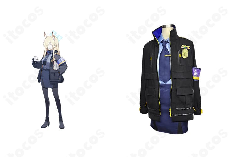 ブルーアーカイブ 尾刃カンナのコスプレ衣装をキャラクター画像と並置した正面カット。配色とシルエットを高精度に再現したイベント向け一式。