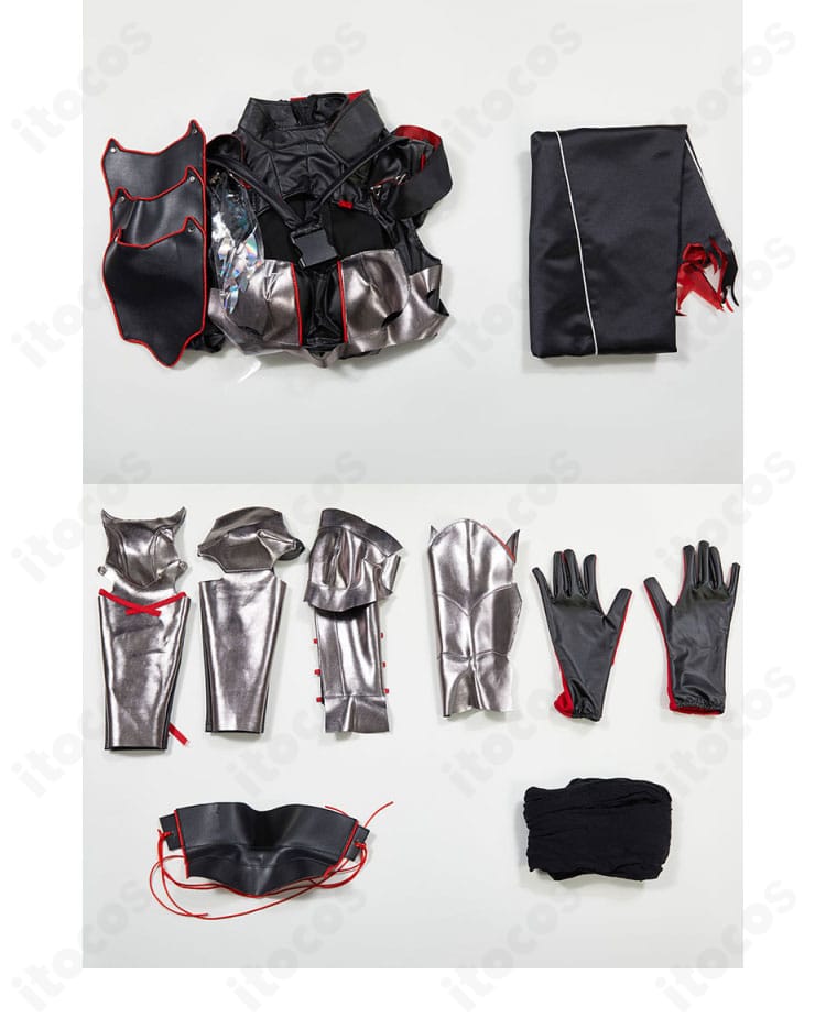紅蓮 ブラックシャドウのセット内容一式。ボディースーツ、レザーボディースーツ、腰鎧、手袋、簪、髪飾り、手鎧、足鎧を並べた構成。