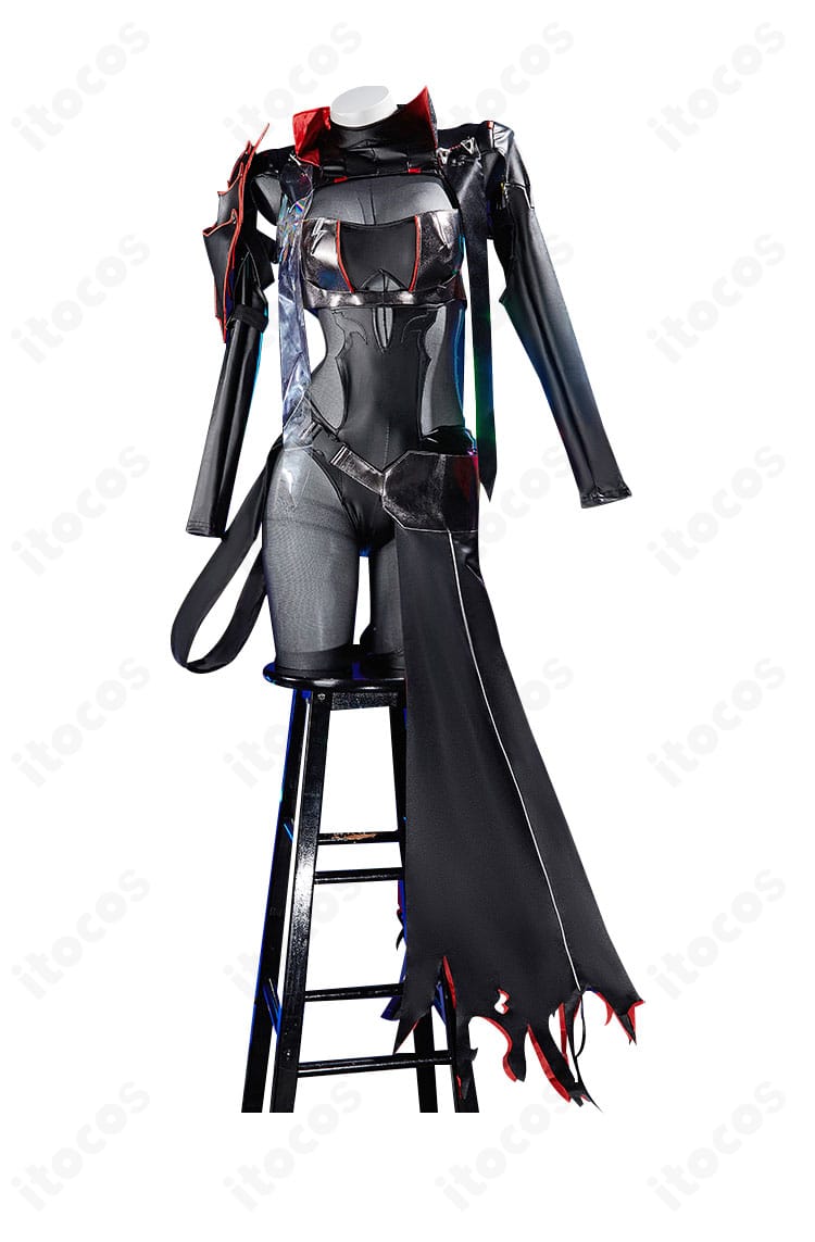勝利の女神：NIKKE 紅蓮 ブラックシャドウ衣装の全身フロント。襟元と腰鎧の形状、レザー調の光沢が分かるカット。