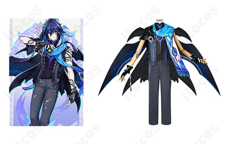 原神 オロルンの世界観を再現したコスプレ衣装の正面カット。マントと神の目装飾が映えるデザイン。