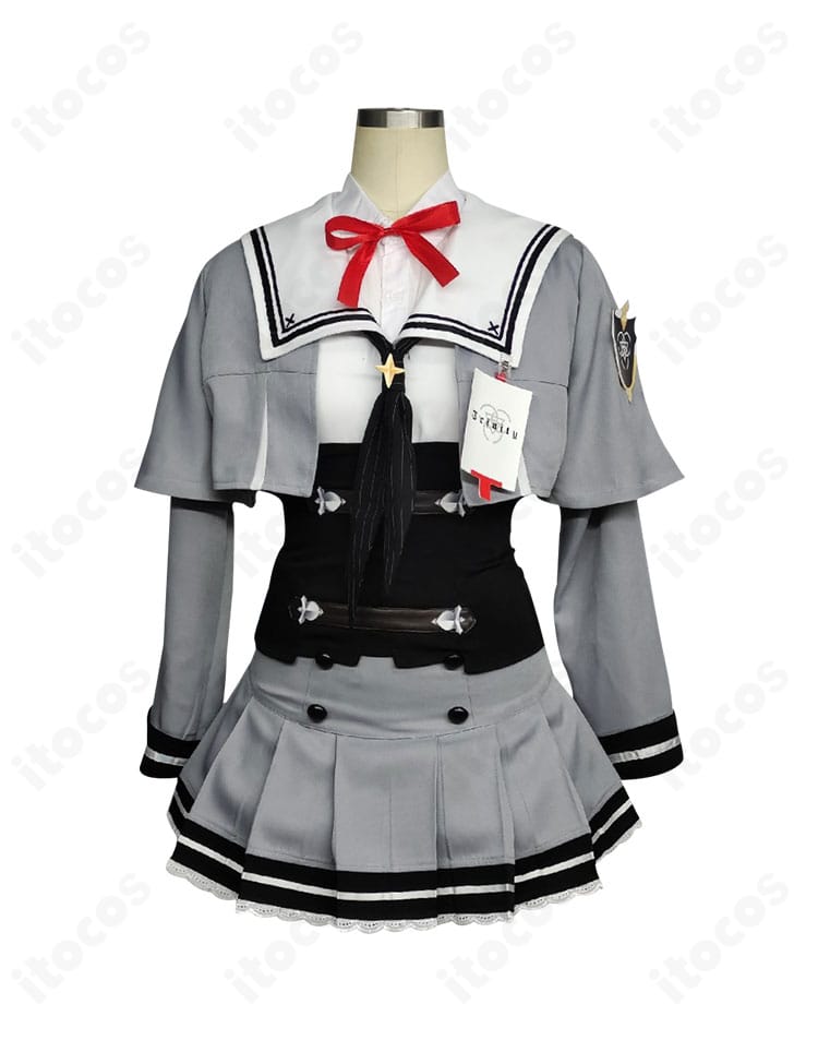 守月スズミコスプレ衣装の正面全体。ジャケットとスカートの比率、リボンと名札の配置が見える構図。