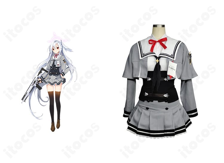 守月スズミの学園制服コスプレ一式。ブルーアーカイブの世界観を再現した配色と装飾が分かる全身コーディネート。