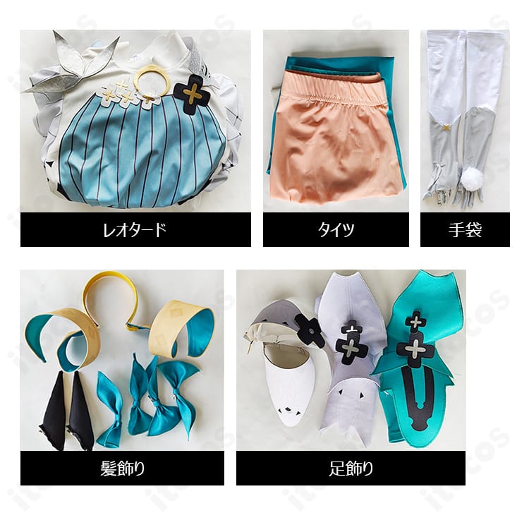 スペース・エレシュキガル 第三再臨コスプレのセット内容一式。レオタード、タイツ、手袋、髪飾り、足飾りを並べた確認用画像。