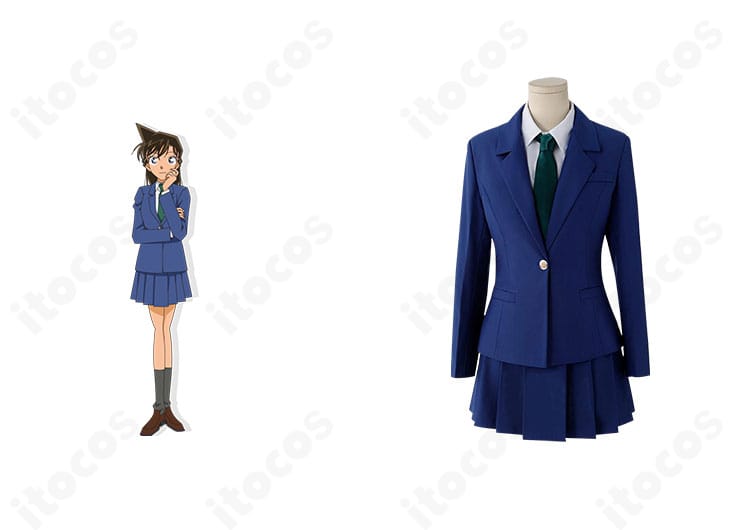 名探偵コナンの毛利蘭 帝丹高校制服コスプレ衣装の正面とキャラクター比較。ブレザーとグリーンネクタイの配色が一致した再現例