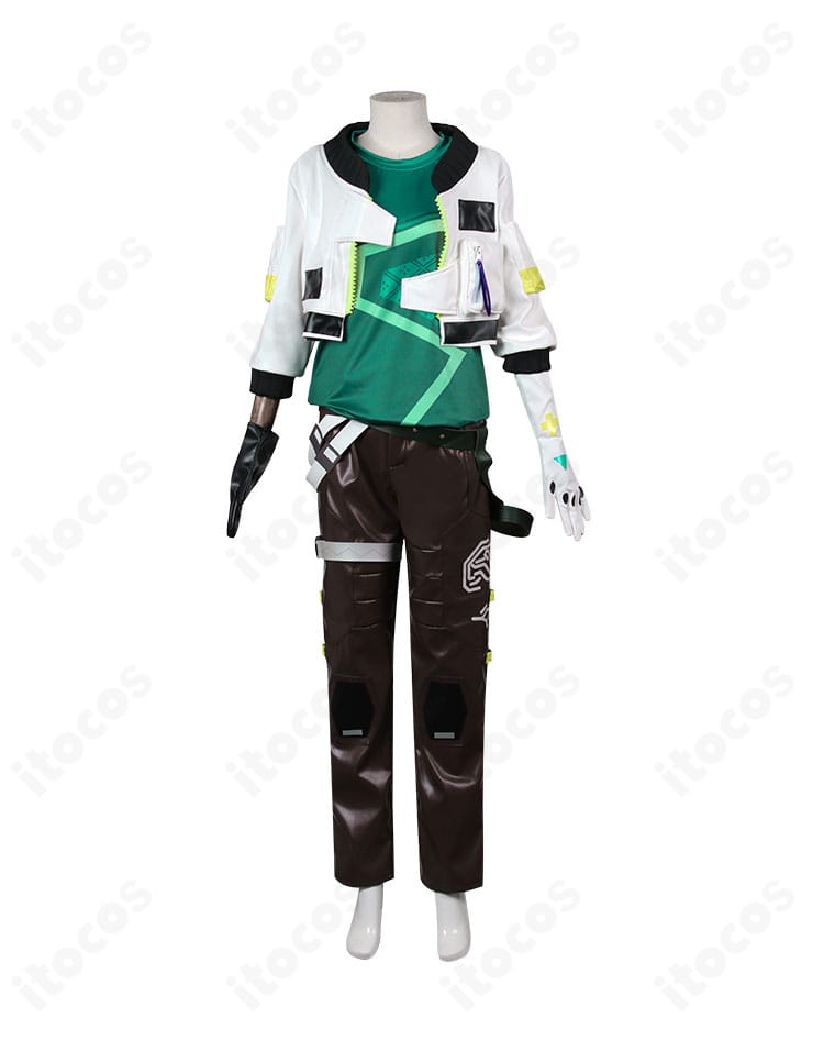 ヴァロラント デッドロック コスプレ衣装の正面全体。襟元から裾までの切替ラインと質感が分かる。