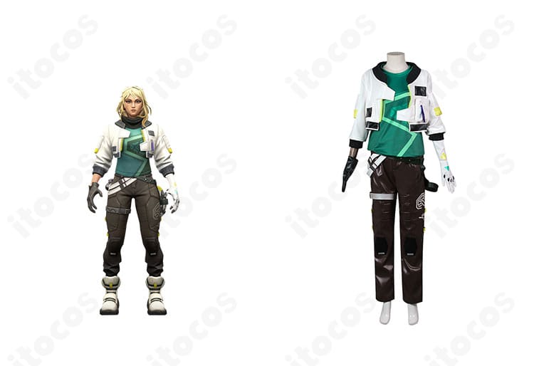 ヴァロラント デッドロック初期衣装コスプレの正面とキャラクター比較画像。配色と装飾位置まで高再現。