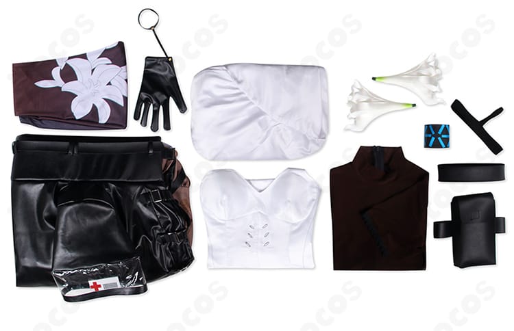 焔影リード コスプレ衣装 セット内容一覧。コート、トップス、インナー、スカート、小物類を俯瞰で確認できる写真