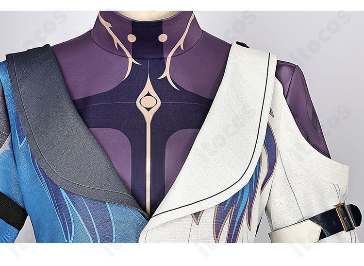 サンデー衣装の襟・胸元付近の装飾アップ。刺繍と装飾パーツの質感を強調。