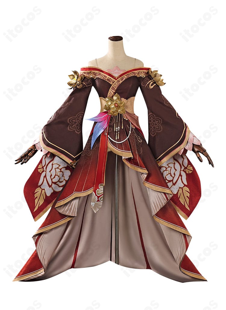 帰忘の流離人コスプレ衣装の正面全体。ワンピースとオーバースカート、胸元から裾までの装飾が見える。