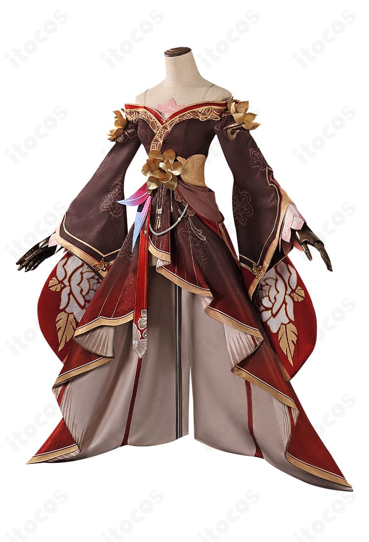 帰忘の流離人コスプレ衣装の側面。重ねスカートのラインとアームカバーのシルエットを強調。