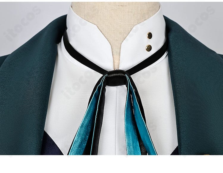 ホタル衣装のリボン装飾アップ。襟元の結び目と質感、色のコントラストがわかる画像。