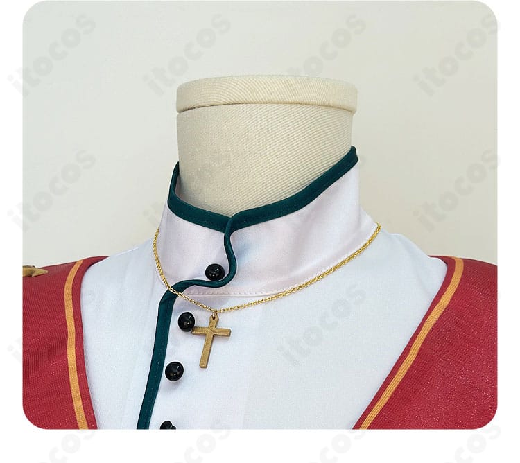 スタフェス衣装の十字ネックレスと門襟装飾のアップ。高級感あるアクセサリー再現