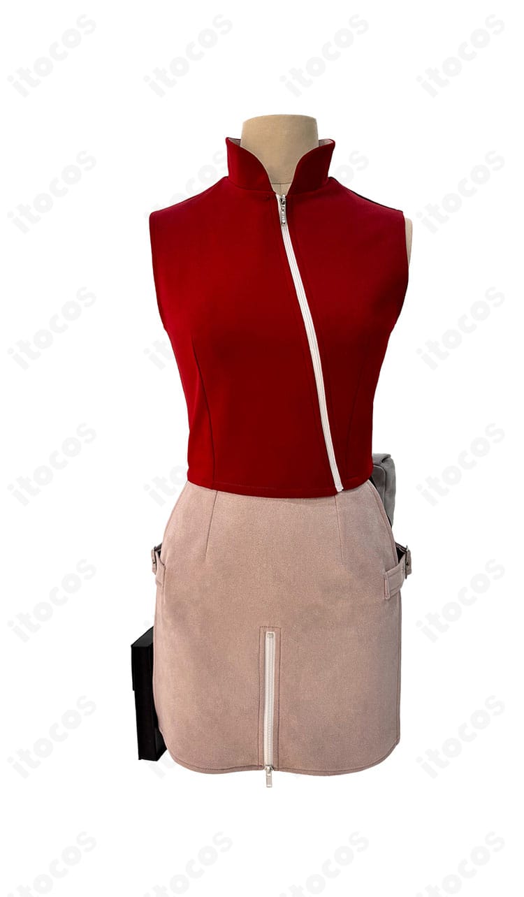 春野サクラのコスプレ衣装 正面。疾風伝の赤いトップスとスカート、レギンス、小物までを忠実再現した全身コーデのフロントビュー。