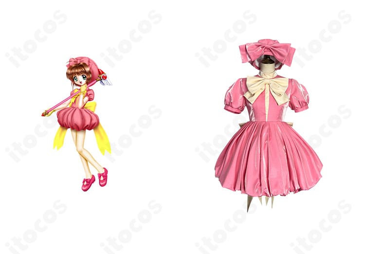 カードキャプターさくら 木之本桜のバトルコスチューム。正面全身とキャラクター参考を並置し、ワンピースと大きな背面リボンの再現度を示す画像。