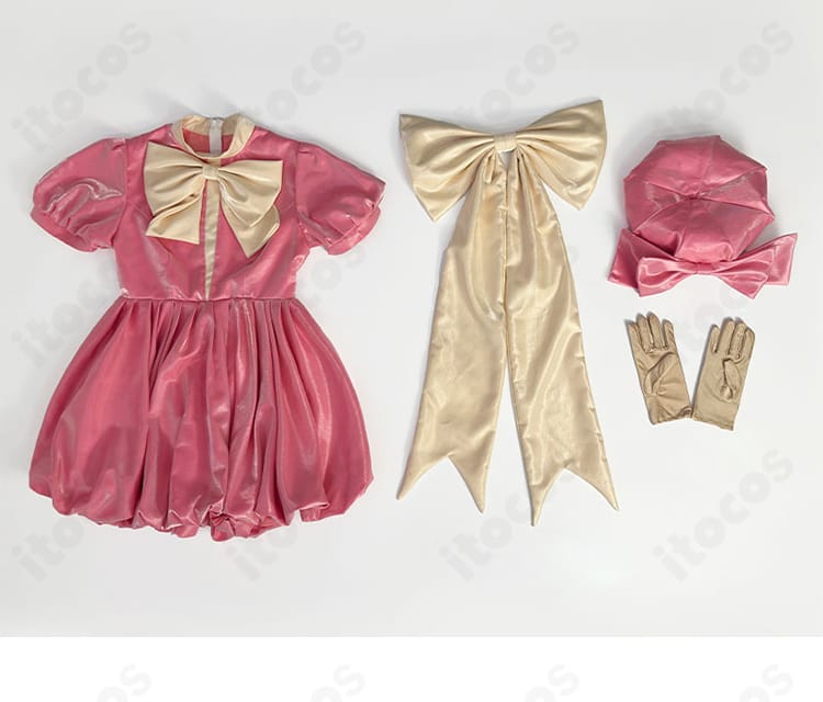 木之本桜バトルコスチュームのセット内容一覧。ワンピース、背部蝶結び、手袋、帽子が揃ったフルセット構成を示す画像。