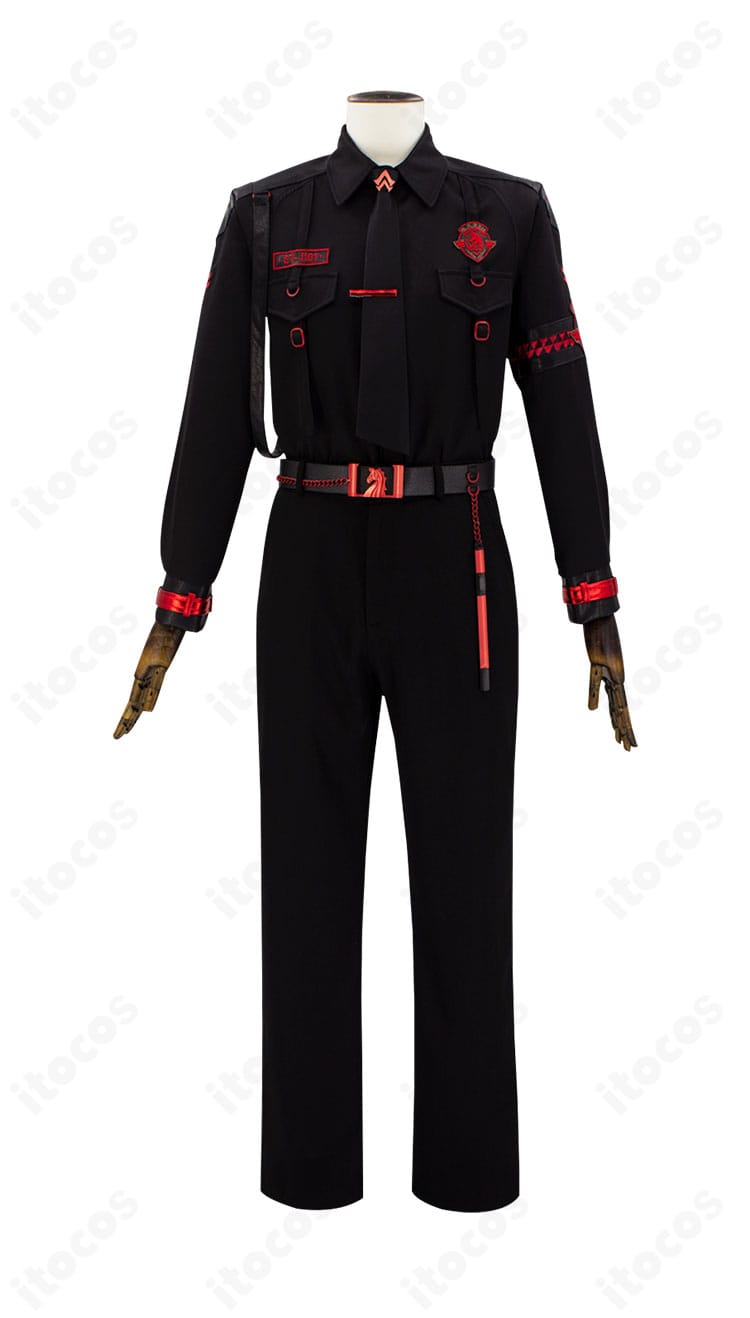 Evol特殊部隊 黒制服の正面全体。胸章とネクタイの配置まで忠実に再現