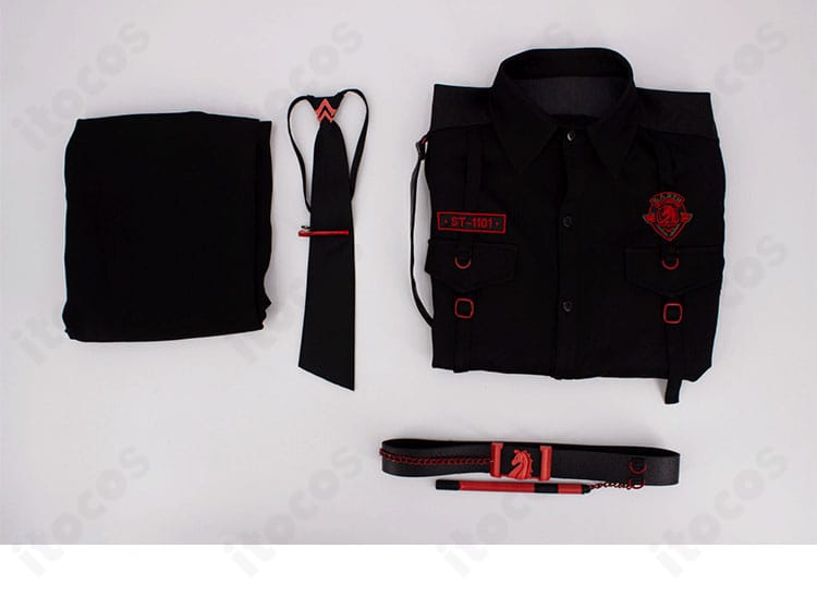 セット内容一式（シャツ・ズボン・ネクタイ・ネクタイピン・ベルト）のレイアウト