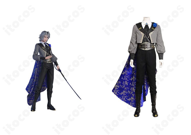 セフィロスのキャラクター画像と衣装正面を並置した一枚。FFVIIの雰囲気を反映したロングコートとマントの再現度が分かる構図。