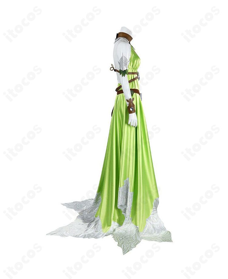 ノフィカ衣装の左側面ディテール。腕飾りと腰飾りの位置関係、フレアの広がりを表示。