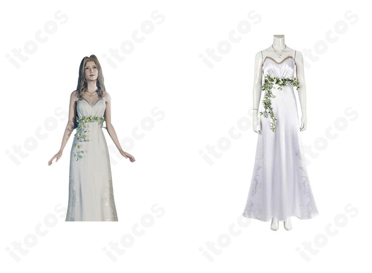 エアリス・ゲインズブール「No Promises to Keep」ドレスの正面全体とキャラクター比較。花飾りと腰飾りまで高再現のコラボショット