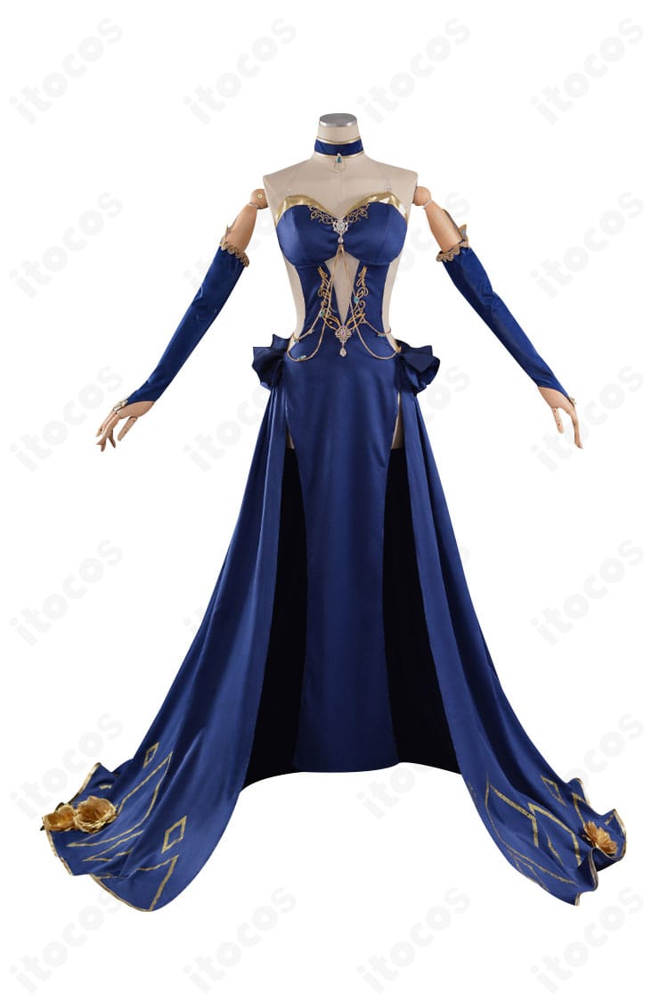 C.C. 盤上パーティー衣装の正面全体。ワンピースとチョーカーの配置・装飾ディテールが分かる。