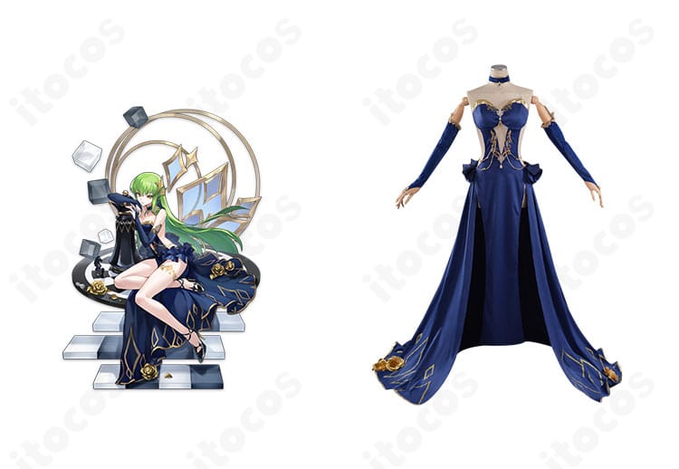 商品正面とC.C.の比較イメージ。コードギアス C.C. 盤上パーティー衣装の再現度を示す組み合わせ画像。