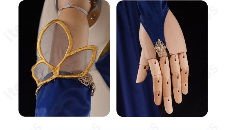 C.C. 衣装の袖口と手飾り。手袋との組み合わせと意匠の細部を表示。