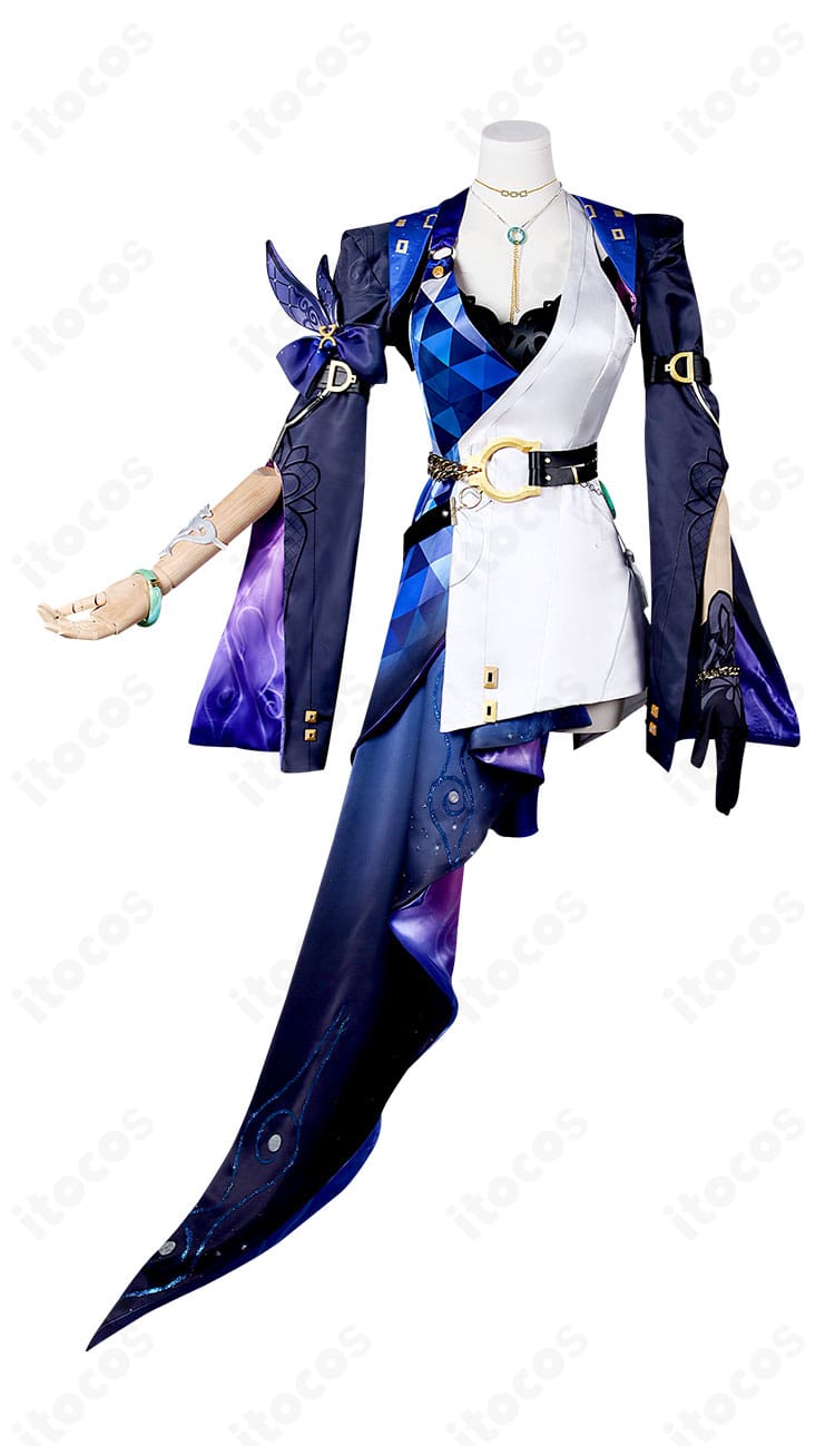 ジェイド 十の石心コスプレ衣装の正面全身。コートとワンピースのライン、襟章・胸元の装飾がわかる高再現ディテール。