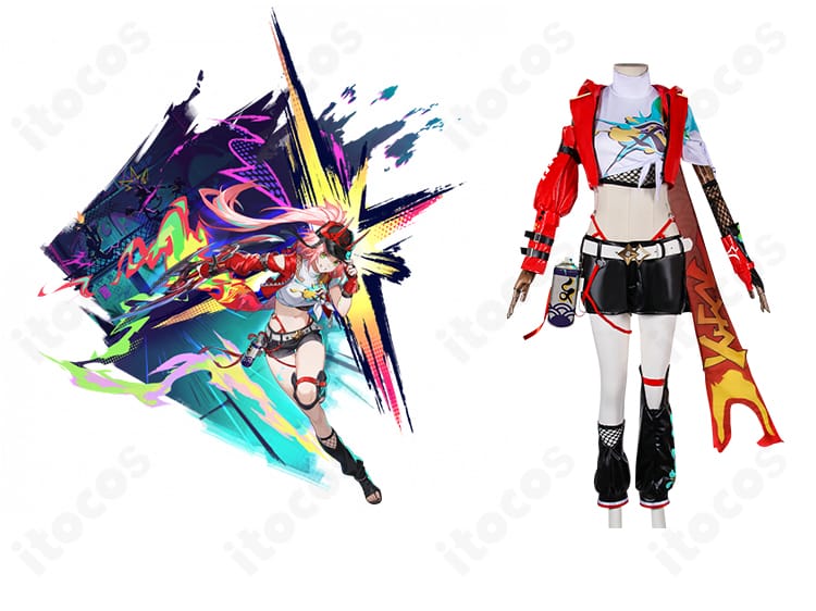 乱破（らんは）コスプレ衣装の全体正面。キャラクター立ち絵との比較で配色と装飾位置を忠実に再現。