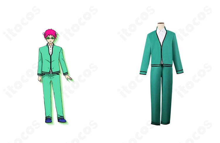 斉木楠雄のΨ難 斉木楠雄 PK学園制服コスプレ（正面）とキャラクター比較。配色とシルエットの高忠実再現が分かる画像。